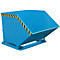 Blue metal skip bin with yellow and black warning stripes. Skip bin stands on a metal frame.