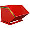 Red tipping skip, photographed diagonally from the front, with yellow and black warning stripes.