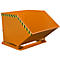 Orange metal container with slanted top and black and yellow warning stripes.