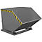 Gray steel skip with yellow and black warning tape. The container stands on a gray steel frame.