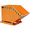 Orange tilting container with yellow and black warning stripes. The container stands on a metal frame.