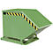 Green tipping skip with black and yellow warning stripes, stands on a base.