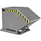 Gray tipping container with beveled front. Yellow and black hazard markings on the edges. Standing on a base.
