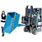 A woman stands next to a blue tipping skip held by a forklift. There is a yellow and black stripe on the skip.