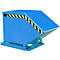Blue tipping skip with yellow and black warning markings. The container is on a base and slightly inclined.