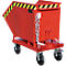 Red container on wheels with yellow and black warning markings. Chain and wheels are visible.