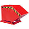 Red tipping skip with black and yellow warning stripes. The container is slightly angled.