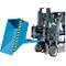 A blue tipping skip attached to a forklift fork. The skip is marked with a yellow and black stripe and is operated by a man.