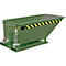 Green steel container with black and yellow warning stripes. It stands on a base and has a chain.