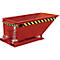 Red tipping skip with yellow-black warning stripes, metal construction. Chain and lever for tipping.