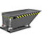 Gray rectangular tipping skip, with black and yellow warning tape and chain. Standing on a gray frame.
