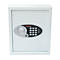 Witte kluis met numeriek toetsenbord, draaiknop en Phoenix-logo. "PRESS AND SHIFT" staat op de knop.
