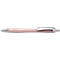 Close-up of a pink ballpoint pen with silver accents. The pen has an ergonomic shape and the inscription "Schneider".