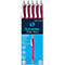Five pink ballpoint pens with silver clips in a package. The words 'Schneider Slider Rave' are visible on the package.
