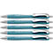 Five turquoise ballpoint pens with silver tips and clips. Each pen reads “Schneider Slider Rave XB”.
