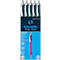 A set of pens, with five blue ballpoint pens and a pink pen in the middle. The packaging says "Schneider Slider Rave."