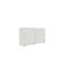 White cabinet with sliding doors, handles, and a keyhole. Stands on small black feet.