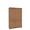 A tall wooden cabinet with sliding doors. The cabinet is brown and stands against a white background.