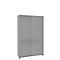 Grey cabinet with sliding doors. The two-part upper compartment has two doors, the lower compartment as well.