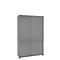 Gray cabinet with sliding doors on white background.
