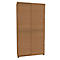 A tall, brown cabinet with two sliding doors, silver handles, and a wood grain finish. The background is white.