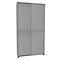 Gray filing cabinet with sliding doors.
