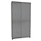 Grey, two-door cabinet with sliding doors.
