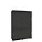 Dark gray cabinet with sliding and hinged doors on a white background.