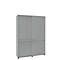 Grey cabinet with sliding doors, on a white background. Two upper doors, two lower doors.