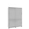 Grey cabinet with sliding doors, against a white background.