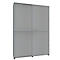 Grey cabinet with four sliding doors, handles and black feet.