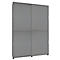 Gray cabinet with sliding doors. The cabinet is divided into four sections and stands on small black feet.