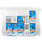 Several OSRAM lamps packed in a transparent bag. Blue and white boxes with an orange logo and lettering.