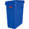 Blue, oblong waste container. Product name 'Slim Jim'.