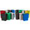 Several trash cans in different colors, Slim Jim, a black can stands in front.
