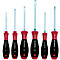 Various screwdrivers in a row. Red and black handles. Lettering: Wiha-SoftFinish, size specifications.