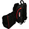Schwarzer Werkzeugrucksack mit Rädern, roter Reißverschluss und rote Akzente. Mehrere Taschen und das Logo von KS TOOLS sind sichtbar.