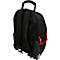 Schwarzer Rollrucksack, von hinten fotografiert. Oben ein Tragegriff, seitlich eine kleine Tasche mit roter Umrandung.