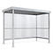 A metal bus stop with transparent side walls and roof. The bus stop is standing on a white background.