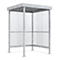 Gray metal bus stop with clear, corrugated walls and a roof. On a white background.