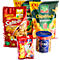Verschiedene Snackpackungen, darunter Chips und Erdnüsse, in XXL-Verpackungen.