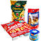 Mehrere Snack-Verpackungen, darunter Chipsfrisch, Snack-Hits, Cocktail-Mix und Erdnüsse. Alle Produkte sind auf Deutsch beschriftet.