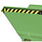 Detail van een groene container met geelzwarte waarschuwingsstrepen op de bovenrand.