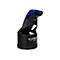 Ein schwarzer Barcode-Scanner steht aufrecht. Der Griff ist blau und der Kopf hat eine schwarze Öffnung.