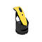 Gelber Barcode-Scanner in schwarzer Ladestation, auf weißem Hintergrund.