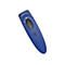 Blauer Socket Mobile Scanner. Ovale Form mit einem zentralen, ovalen Knopf. Oben das Logo und Symbole.