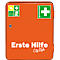Orangefarbener Erste-Hilfe-Kasten mit weißem Kreuz. Aufschrift "Erste Hilfe City Style".