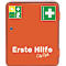Orange Erste-Hilfe-Kasten mit weißem Kreuz, Text 'Erste Hilfe City Style' und Symbolen.