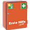 Ein orangefarbener Erste-Hilfe-Kasten mit Aufschriften und Symbolen, darunter ein weißes Kreuz. Aufschrift: Erste Hilfe City Style.