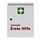 Weißer Erste-Hilfe-Schrank mit grünem Kreuz und roter Aufschrift Erste Hilfe.
